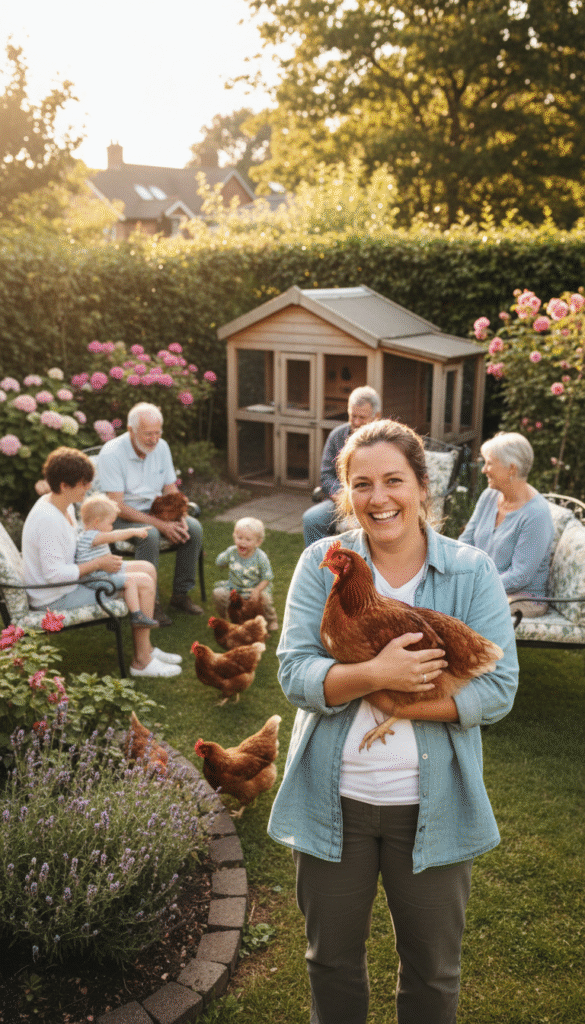 A serene backyard scene featuring therapy chickens interacting with a diverse group of people. In the foreground, a cheerful woman in a modest casual outfit gently holds a fluffy, friendly chicken, smiling as it nuzzles against her. In the middle, a small circle of people of various ages sits on comfortable benches, engaging with the chickens. One elderly man is lightly stroking a hen while a young child giggles nearby. The background shows a lush garden with vibrant flowers and a wooden coop, bathed in soft, warm sunlight, creating a peaceful atmosphere. The lens captures the scene at a gentle angle, evoking warmth and connection with nature, emphasizing the therapeutic joy of these backyard chickens. A serene backyard scene featuring therapy chickens interacting with a diverse group of people. In the foreground, a cheerful woman in a modest casual outfit gently holds a fluffy, friendly chicken, smiling as it nuzzles against her. In the middle, a small circle of people of various ages sits on comfortable benches, engaging with the chickens. One elderly man is lightly stroking a hen while a young child giggles nearby. The background shows a lush garden with vibrant flowers and a wooden coop, bathed in soft, warm sunlight, creating a peaceful atmosphere. The lens captures the scene at a gentle angle, evoking warmth and connection with nature, emphasizing the therapeutic joy of these backyard chickens.