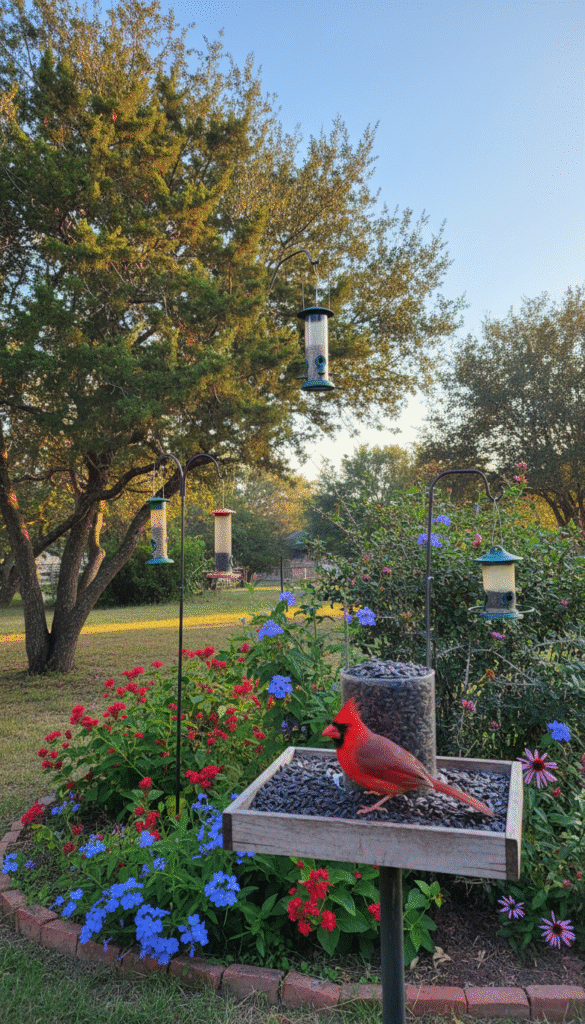 A serene backyard scene illustrating optimal feeder placement tips to attract cardinals in Tyler, Texas. In the foreground, a vibrant red cardinal perches on a well-placed bird feeder filled with sunflower seeds, showcasing its bright plumage. In the middle ground, additional feeders are positioned strategically near trees that provide natural shelter, while colorful native shrubs add aesthetic appeal. The background features a clear blue sky with soft, warm sunlight filtering through the leaves, creating a peaceful atmosphere. A gentle breeze rustles the branches, enhancing the tranquil setting. The angle captures a slightly elevated view, allowing for a wide perspective of the feeder arrangement, emphasizing the importance of placement and surroundings. The overall mood is inviting and serene, perfect for attracting cardinals.