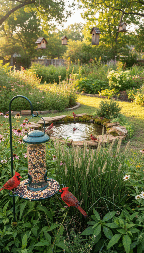 A serene backyard scene in Tyler, Texas, focused on minimizing threats to birdlife, especially attracting vibrant cardinals. In the foreground, a colorful bird feeder adorned with cardinal-friendly seeds sits surrounded by lush green plants. Nearby, a protective barrier of tall native grasses creates a safe space for birds. The middle ground showcases a small, inviting water feature, reflecting sunlight softly and providing hydration for birds. In the background, a gentle sunlit garden is visible with a few strategically placed birdhouses and natural vegetation, creating a harmonious habitat. The atmosphere is peaceful and inviting, capturing the essence of a safe haven for cardinals. Use warm, natural lighting as if it were early morning or late afternoon, highlighting the reds of the cardinals against the green backdrop. A slight depth of field effect emphasizes the feeder, gently blurring the background.