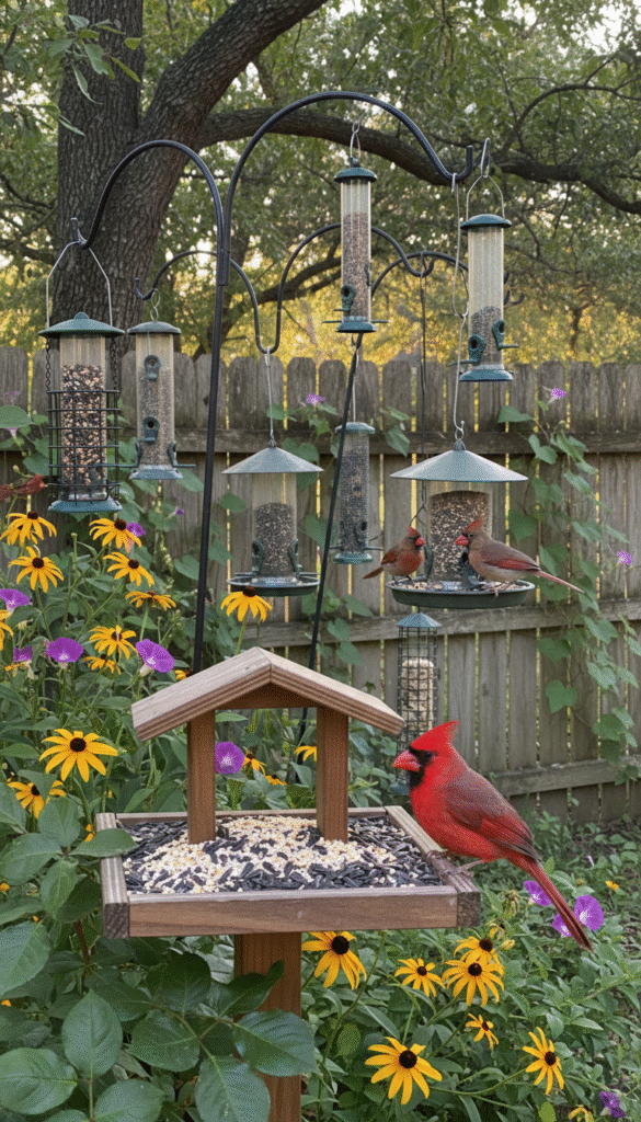 A serene backyard scene in Tyler, Texas, showcasing a variety of ideal bird feeders designed for cardinals. In the foreground, a vibrant red cardinal perches on a well-crafted feeder, filled with sunflower seeds and millet, surrounded by lush greenery and colorful wildflowers. The middle ground features multiple feeders suspended from elegant hooks, each uniquely designed—some are classic tube feeders, others are platform feeders—inviting these beautiful birds to feed. The background reveals a soft-focus garden with a wooden fence, bathed in soft, warm morning light, enhancing the tranquil atmosphere. A shallow depth of field captures the details of the feeders while creating a dreamy, inviting space for cardinals. The overall mood is serene and harmonious, perfect for attracting garden visitors.