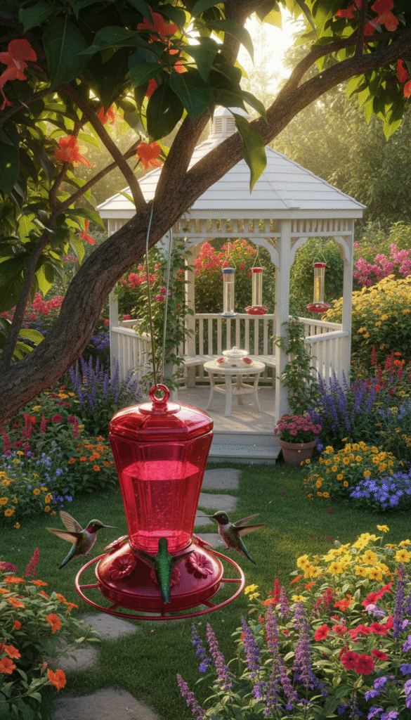 A serene backyard scene showcasing a variety of safe and accessible hummingbird feeders. In the foreground, a vibrant red glass feeder hangs from a sturdy tree branch, adorned with colorful flowers and surrounded by lush green foliage. The middle ground features a wooden gazebo with additional feeders placed strategically at varying heights, inviting hummingbirds to visit. The background reveals a sunlit garden filled with blooming plants, creating a naturally appealing atmosphere. Soft, warm lighting illuminates the scene, emphasizing the tranquility of the space. The angle is slightly elevated, capturing the entire setup from a bird's-eye view. The mood is peaceful and inviting, perfect for attracting hummingbirds while ensuring their safety.