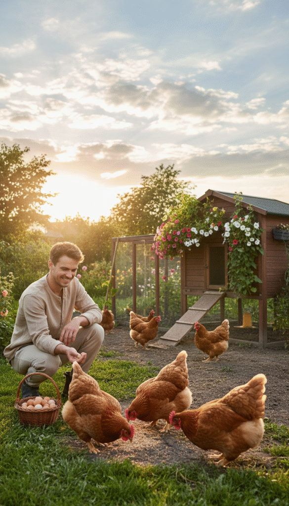 A serene backyard scene showcasing the benefits of raising chickens. In the foreground, a cheerful person in modest casual clothing is feeding a couple of fluffy, colorful chickens pecking at the ground. The middle ground features a well-maintained chicken coop adorned with vibrant flowers and greenery, creating a cozy and inviting atmosphere. In the background, the sun is setting, casting a warm golden hue over the entire scene, while soft rays of light break through scattered clouds, enhancing the tranquil mood. Include elements like fresh eggs in a woven basket and playful chickens interacting with each other, symbolizing the joys and rewards of backyard chicken-keeping. Focus on composing the image with a slight upward angle, emphasizing the openness and beauty of the backyard.