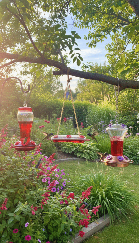 A serene backyard setting showcasing several hummingbird feeders strategically spaced to prevent crowding. In the foreground, vibrant, colorful feeders in various designs, filled with nectar, hang from hooks and trees, each at least three feet apart to illustrate proper spacing. The middle ground features blooming flowers attracting hummingbirds, creating a lively yet balanced scene. The background is a sunlit garden with soft greenery, enhancing the tranquil atmosphere. Use a warm, natural light to evoke a peaceful mood, with the camera angle slightly upward to capture the elegance of the feeders against the sky. The overall image exudes harmony and encourages optimal hummingbird viewing while emphasizing proper feeder placement.
