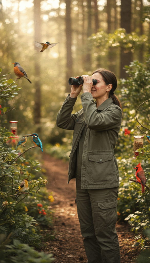 A serene birdwatching scene capturing mindfulness in action. In the foreground, a focused individual, dressed in modest casual clothing, gazes through binoculars, immersed in the tranquility of nature. Their serene expression reflects deep concentration and joy. The middle ground reveals a lush garden filled with vibrant, colorful birds perched on branches, a variety of species flitting about, showcasing their unique plumage. In the background, soft sunlight filters through the trees, casting gentle shadows and creating a warm, inviting atmosphere. The scene is framed with a shallow depth of field, emphasizing the individual and the nearby birds while blurring the distant foliage slightly. This tranquil moment conveys peace, connection with nature, and mindfulness through the simple yet profound act of birdwatching. A serene birdwatching scene capturing mindfulness in action. In the foreground, a focused individual, dressed in modest casual clothing, gazes through binoculars, immersed in the tranquility of nature. Their serene expression reflects deep concentration and joy. The middle ground reveals a lush garden filled with vibrant, colorful birds perched on branches, a variety of species flitting about, showcasing their unique plumage. In the background, soft sunlight filters through the trees, casting gentle shadows and creating a warm, inviting atmosphere. The scene is framed with a shallow depth of field, emphasizing the individual and the nearby birds while blurring the distant foliage slightly. This tranquil moment conveys peace, connection with nature, and mindfulness through the simple yet profound act of birdwatching.