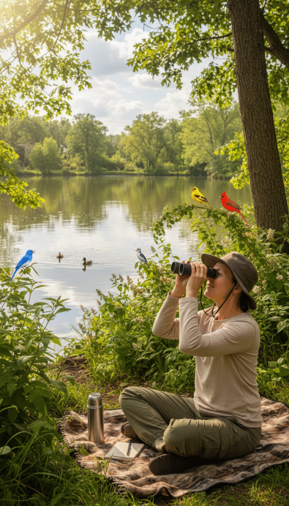 A serene birdwatching scene capturing the healing power of nature. In the foreground, a person sitting quietly on a comfortable blanket, focused on observing birds through binoculars, dressed in casual outdoor clothing. The middle ground features vibrant greenery with a variety of birds perched on branches, singing melodious tunes, creating a lively soundscape. Soft sunlight filters through the trees, casting gentle shadows, enhancing the tranquil atmosphere. In the background, a calm lake reflects the surrounding trees, with a few ducks gliding peacefully across the water. The overall mood is peaceful and revitalizing, evoking a sense of connection with nature, inviting the viewer to feel the therapeutic essence of birdwatching. A serene birdwatching scene capturing the healing power of nature. In the foreground, a person sitting quietly on a comfortable blanket, focused on observing birds through binoculars, dressed in casual outdoor clothing. The middle ground features vibrant greenery with a variety of birds perched on branches, singing melodious tunes, creating a lively soundscape. Soft sunlight filters through the trees, casting gentle shadows, enhancing the tranquil atmosphere. In the background, a calm lake reflects the surrounding trees, with a few ducks gliding peacefully across the water. The overall mood is peaceful and revitalizing, evoking a sense of connection with nature, inviting the viewer to feel the therapeutic essence of birdwatching.