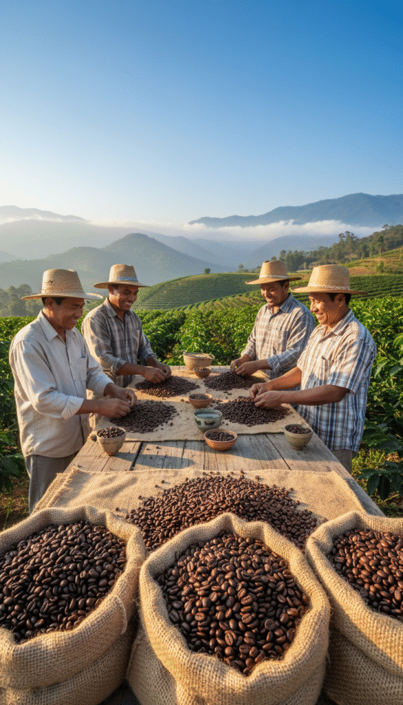 A serene coffee bean sourcing scene, layered with vivid details. In the foreground, burlap bags filled with rich, glossy coffee beans are artfully scattered, some beans spilling onto a rustic wooden table. In the middle, a diverse group of farmers, dressed in modest casual clothing, joyfully engage in the selection process, examining the quality of the beans under soft, natural light. Their expressions reflect dedication and passion. In the background, lush green coffee plantations stretch under a bright blue sky, with hints of distant mountains. The lighting is warm and inviting, enhancing the vibrant colors of the scene. The atmosphere is one of connection and commitment to quality, encapsulating the journey from farm to cup. A serene coffee bean sourcing scene, layered with vivid details. In the foreground, burlap bags filled with rich, glossy coffee beans are artfully scattered, some beans spilling onto a rustic wooden table. In the middle, a diverse group of farmers, dressed in modest casual clothing, joyfully engage in the selection process, examining the quality of the beans under soft, natural light. Their expressions reflect dedication and passion. In the background, lush green coffee plantations stretch under a bright blue sky, with hints of distant mountains. The lighting is warm and inviting, enhancing the vibrant colors of the scene. The atmosphere is one of connection and commitment to quality, encapsulating the journey from farm to cup.