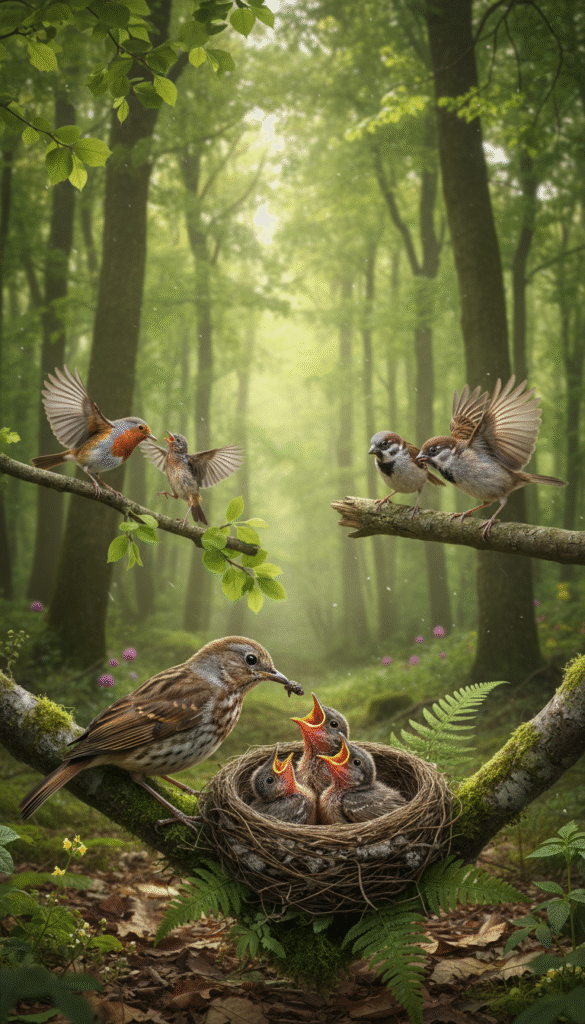 A serene forest scene depicting various bird species engaged in parenting activities. In the foreground, a mother bird is gently feeding its chicks in a cozy nest, showcasing the tender moment of avian care. In the middle ground, several different bird parents, including a robin and a sparrow, are seen teaching their fledglings to fly, highlighting the diverse strategies of avian parenting. The background features lush green trees dappled with sunlight filtering through the leaves, creating a warm, inviting atmosphere. Use soft, natural lighting to enhance the sense of tranquility and connection between the birds. Capture the scene from a slightly elevated angle to provide a comprehensive view of the interactions among the birds while maintaining a focus on their nurturing behaviors. A serene forest scene depicting various bird species engaged in parenting activities. In the foreground, a mother bird is gently feeding its chicks in a cozy nest, showcasing the tender moment of avian care. In the middle ground, several different bird parents, including a robin and a sparrow, are seen teaching their fledglings to fly, highlighting the diverse strategies of avian parenting. The background features lush green trees dappled with sunlight filtering through the leaves, creating a warm, inviting atmosphere. Use soft, natural lighting to enhance the sense of tranquility and connection between the birds. Capture the scene from a slightly elevated angle to provide a comprehensive view of the interactions among the birds while maintaining a focus on their nurturing behaviors.