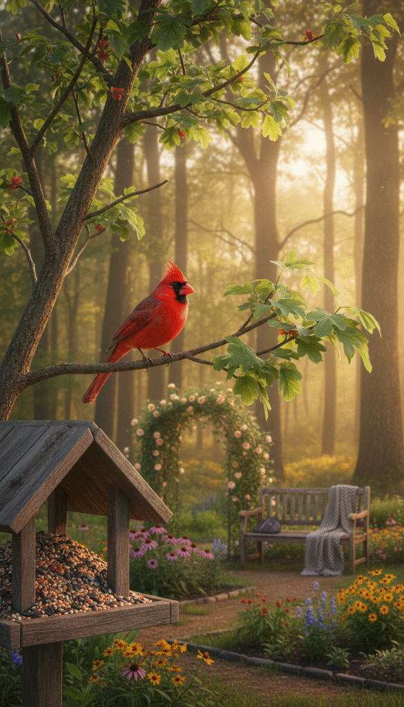 A serene forest setting bathed in soft morning light, where a vibrant red cardinal perches on a delicate branch, surrounded by lush green leaves. In the foreground, include a wooden bird feeder filled with seeds, symbolizing ways to <a href=
