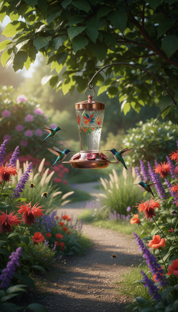 A serene garden scene featuring a vibrant hummingbird feeder strategically placed to balance sunlight and shade. In the foreground, a colorful feeder hangs from a gently swaying branch, surrounded by lush green foliage. Delicate, iridescent hummingbirds are caught mid-flight, their wings a blur as they approach the feeder. In the middle ground, soft rays of sunlight filter through a canopy of leaves, creating a dappled effect on the ground below, while nearby flowers bloom in various hues, attracting the birds. The background showcases a softly blurred pathway lined with tall grasses and blooming bushes, enhancing the tranquil atmosphere. The overall mood is inviting, with warm sunlight contrasting with cool shade, emphasizing the ideal environment for hummingbirds to thrive.