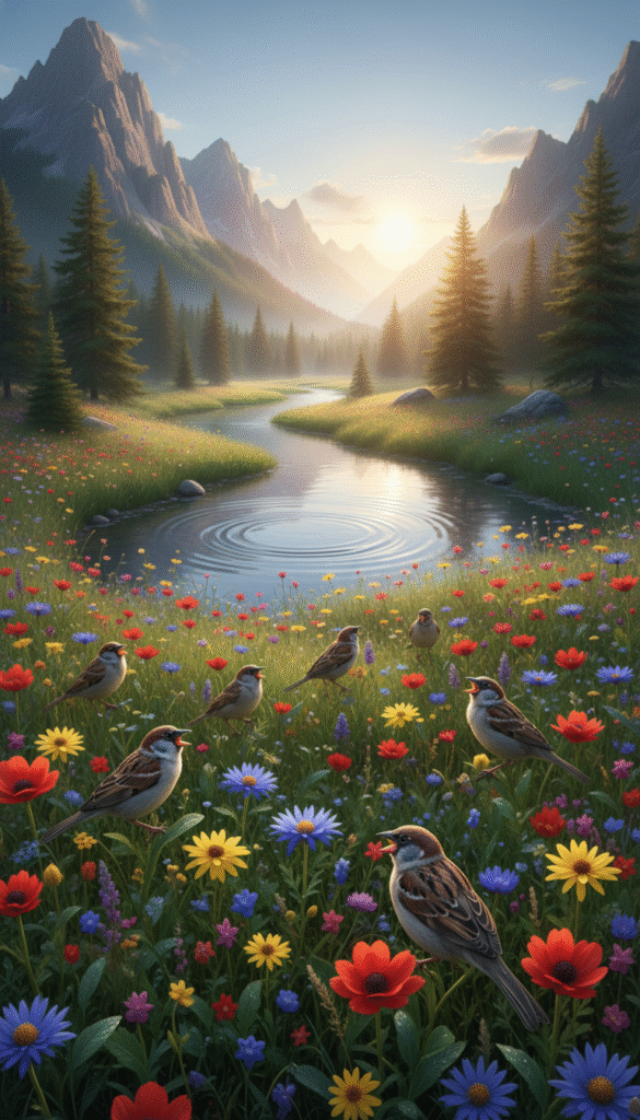 A serene landscape depicting the divine care found in nature. In the foreground, a vibrant meadow sprinkled with colorful wildflowers, inhabited by a small flock of sparrows chirping harmoniously. The middle ground features a calm, flowing river reflecting the clear blue sky, with gentle ripples creating a sense of tranquility. In the background, majestic mountains rise under a soft golden sunrise, casting warm light over the scene. The atmosphere is peaceful and nurturing, symbolizing God's watchful presence. The lighting is soft and diffused, creating an inviting ambiance. Capture the scene from a slightly elevated angle to encompass the beauty of the meadow, river, and mountains, emphasizing the interconnectedness of creation. A serene landscape depicting the divine care found in nature. In the foreground, a vibrant meadow sprinkled with colorful wildflowers, inhabited by a small flock of sparrows chirping harmoniously. The middle ground features a calm, flowing river reflecting the clear blue sky, with gentle ripples creating a sense of tranquility. In the background, majestic mountains rise under a soft golden sunrise, casting warm light over the scene. The atmosphere is peaceful and nurturing, symbolizing God's watchful presence. The lighting is soft and diffused, creating an inviting ambiance. Capture the scene from a slightly elevated angle to encompass the beauty of the meadow, river, and mountains, emphasizing the interconnectedness of creation.