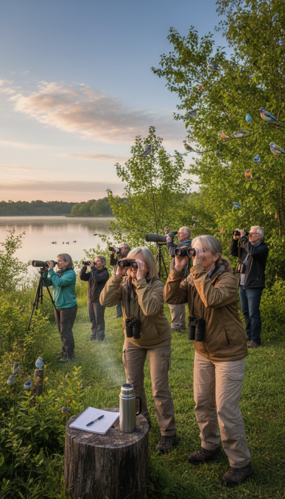 A serene landscape showcasing a diverse group of birdwatchers engaged in their weekly rituals. In the foreground, two enthusiastic birdwatchers in modest casual clothing peer through binoculars, their faces illuminated by the soft morning light. A field notebook and a steaming thermos rest on a low wooden stump beside them. In the middle ground, several more birdwatchers, equipped with cameras and spotting scopes, are scattered among vibrant green trees, dotted with colorful songbirds. The background features a tranquil lake reflecting the early dawn sky, filled with hues of pink and orange. The atmosphere feels peaceful and focused, capturing the dedication and joy of these individuals as they carve out time for their passion amidst the rush of daily life. Soft, natural lighting enhances the sense of calm and connection with nature. A serene landscape showcasing a diverse group of birdwatchers engaged in their weekly rituals. In the foreground, two enthusiastic birdwatchers in modest casual clothing peer through binoculars, their faces illuminated by the soft morning light. A field notebook and a steaming thermos rest on a low wooden stump beside them. In the middle ground, several more birdwatchers, equipped with cameras and spotting scopes, are scattered among vibrant green trees, dotted with colorful songbirds. The background features a tranquil lake reflecting the early dawn sky, filled with hues of pink and orange. The atmosphere feels peaceful and focused, capturing the dedication and joy of these individuals as they carve out time for their passion amidst the rush of daily life. Soft, natural lighting enhances the sense of calm and connection with nature.