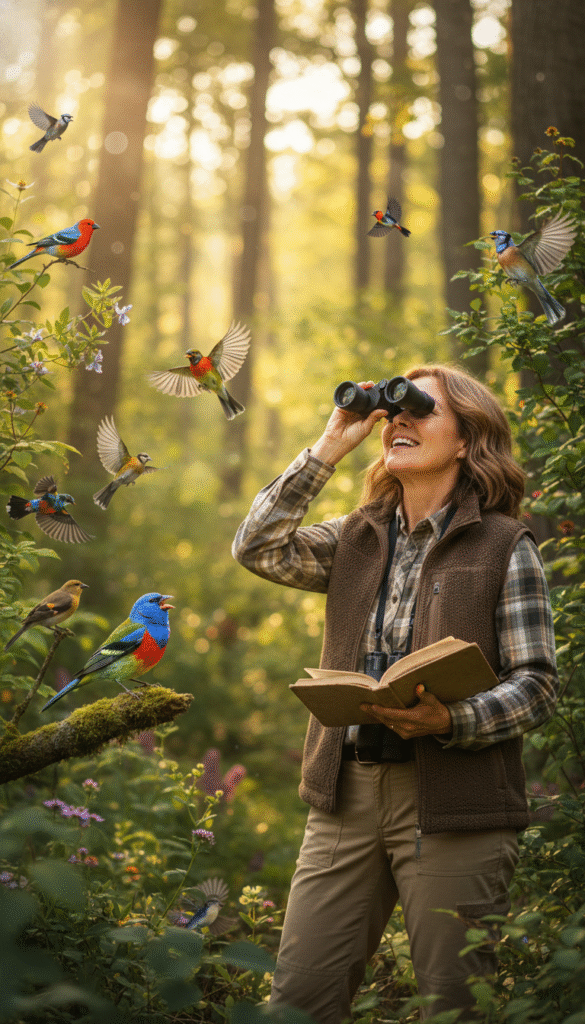 A serene nature scene capturing the essence of birdwatching passion. In the foreground, a middle-aged person in modest casual clothing, equipped with binoculars and a field guide, gazes intently at a colorful songbird perched on a branch. Their expression exudes excitement and joy. In the middle ground, a variety of birds can be seen flitting among lush green leaves, showcasing vivid colors and diversity. The background features a soft-focus landscape of a sun-dappled forest, with warm, golden sunlight filtering through the trees, creating a tranquil atmosphere. The scene is framed with subtle, soft bokeh effects to enhance depth. The mood is uplifting and celebratory, embodying the spirit of birdwatching enthusiasts.