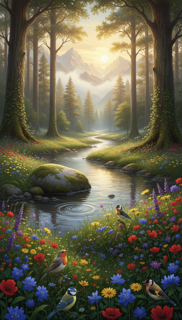 A serene nature scene depicting a peaceful forest glade bathed in soft, golden sunlight filtering through the trees. In the foreground, a variety of colorful songbirds perched on branches and a vibrant wildflower meadow blooming with various hues. In the middle, a gentle stream reflecting the lush greenery, with subtle ripples resonating off a smooth stone. The background features a misty mountain range, suggesting depth and grandeur. The atmosphere is tranquil and contemplative, inviting introspection and connection with nature. Use a wide-angle lens to capture the expanse of the landscape, emphasizing the harmony between wildlife and the serene environment. The overall mood should evoke a sense of peace, reflection, and a deep appreciation for nature's beauty. A serene nature scene depicting a peaceful forest glade bathed in soft, golden sunlight filtering through the trees. In the foreground, a variety of colorful songbirds perched on branches and a vibrant wildflower meadow blooming with various hues. In the middle, a gentle stream reflecting the lush greenery, with subtle ripples resonating off a smooth stone. The background features a misty mountain range, suggesting depth and grandeur. The atmosphere is tranquil and contemplative, inviting introspection and connection with nature. Use a wide-angle lens to capture the expanse of the landscape, emphasizing the harmony between wildlife and the serene environment. The overall mood should evoke a sense of peace, reflection, and a deep appreciation for nature's beauty.