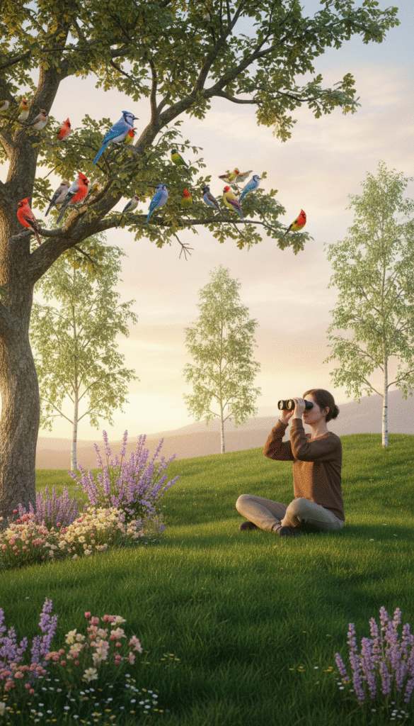 A serene nature scene featuring a person sitting quietly on a lush green hillside, engaged in bird watching as a spiritual practice. The foreground shows a gentle, meditative figure dressed in modest casual clothing, with binoculars in hand, gazing towards colorful birds perched on nearby branches. In the middle ground, subtle clusters of blossoming flowers and peaceful trees create a tranquil environment. The background reveals a soft, pastel sunset casting warm golden light across the landscape, illuminating the scene with a sense of calm and reflection. The atmosphere is serene and uplifting, conveying mental refreshment and a deep connection to nature, with the focus on the beauty of both the birds and the meditative state of the watcher. A serene nature scene featuring a person sitting quietly on a lush green hillside, engaged in bird watching as a spiritual practice. The foreground shows a gentle, meditative figure dressed in modest casual clothing, with binoculars in hand, gazing towards colorful birds perched on nearby branches. In the middle ground, subtle clusters of blossoming flowers and peaceful trees create a tranquil environment. The background reveals a soft, pastel sunset casting warm golden light across the landscape, illuminating the scene with a sense of calm and reflection. The atmosphere is serene and uplifting, conveying mental refreshment and a deep connection to nature, with the focus on the beauty of both the birds and the meditative state of the watcher.