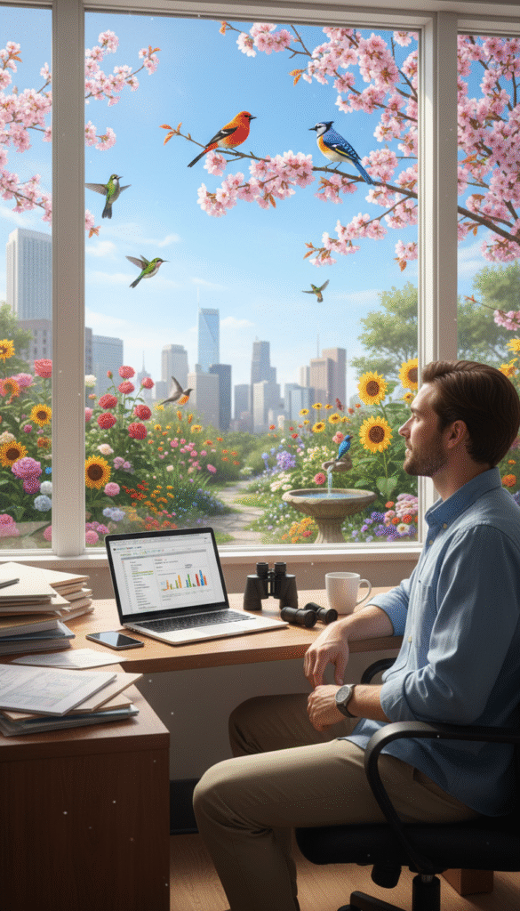 A serene office scene blending the essence of work and birdwatching. In the foreground, a young professional in casual yet neat attire sits at a desk cluttered with paperwork, a laptop open in front of them, and binoculars placed nearby. They are gazing out of a window, where vibrant birds can be seen perched on tree branches, their colors vivid against a clear blue sky. The middle of the image features a lush garden, filled with blooming flowers and chirping birds, creating a natural sanctuary. In the background, a city skyline is faintly visible, symbolizing the work environment. Soft natural light floods the scene, evoking a sense of calm and balance. The overall atmosphere reflects the struggle of merging responsibilities with the joy of birdwatching. A serene office scene blending the essence of work and birdwatching. In the foreground, a young professional in casual yet neat attire sits at a desk cluttered with paperwork, a laptop open in front of them, and binoculars placed nearby. They are gazing out of a window, where vibrant birds can be seen perched on tree branches, their colors vivid against a clear blue sky. The middle of the image features a lush garden, filled with blooming flowers and chirping birds, creating a natural sanctuary. In the background, a city skyline is faintly visible, symbolizing the work environment. Soft natural light floods the scene, evoking a sense of calm and balance. The overall atmosphere reflects the struggle of merging responsibilities with the joy of birdwatching.