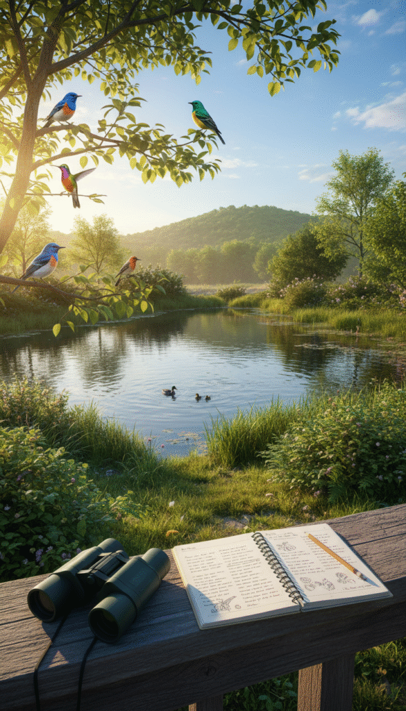A serene outdoor scene capturing the essence of bird observation as a spiritual journey. In the foreground, a pair of binoculars rests gently on a wooden railing beside a notebook filled with handwritten notes about observations. Delicate songbirds perch on nearby branches, their vibrant colors reflecting in the soft morning light. The middle ground features a tranquil pond surrounded by lush greenery where a family of ducks glides peacefully. In the background, a distant hill under a blue sky with wispy clouds enhances the feeling of openness and contemplation. The warm sunlight casts dappled shadows, creating a peaceful, reflective atmosphere. The angle is slightly elevated, inviting viewers into this moment of quiet reverence, symbolizing trust and patience in nature. A serene outdoor scene capturing the essence of bird observation as a spiritual journey. In the foreground, a pair of binoculars rests gently on a wooden railing beside a notebook filled with handwritten notes about observations. Delicate songbirds perch on nearby branches, their vibrant colors reflecting in the soft morning light. The middle ground features a tranquil pond surrounded by lush greenery where a family of ducks glides peacefully. In the background, a distant hill under a blue sky with wispy clouds enhances the feeling of openness and contemplation. The warm sunlight casts dappled shadows, creating a peaceful, reflective atmosphere. The angle is slightly elevated, inviting viewers into this moment of quiet reverence, symbolizing trust and patience in nature.