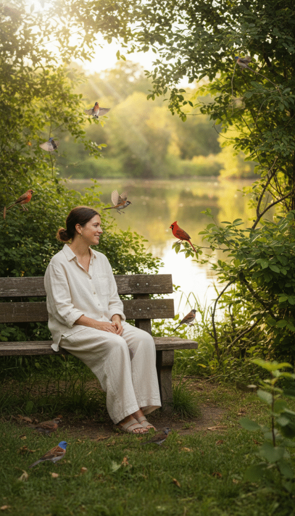 A serene outdoor scene capturing the essence of mind-body wellness through bird observation. In the foreground, a person dressed in modest casual clothing, sitting on a wooden bench, gazes joyfully at a colorful bird perched nearby. Their relaxed posture exudes tranquility. In the middle, lush greenery surrounds various bird species—sparrows, robins, and blue jays—flitting between branches and pecking at the ground. The background features a calm lake reflecting the soft light of a late afternoon sun, enhancing the overall peaceful atmosphere. The warm golden light filters through the leaves, casting gentle shadows. This composition conveys a sense of connection to nature, emphasizing the therapeutic benefits of birdwatching, inviting viewers to feel the serenity and joy of the experience. A serene outdoor scene capturing the essence of mind-body wellness through bird observation. In the foreground, a person dressed in modest casual clothing, sitting on a wooden bench, gazes joyfully at a colorful bird perched nearby. Their relaxed posture exudes tranquility. In the middle, lush greenery surrounds various bird species—sparrows, robins, and blue jays—flitting between branches and pecking at the ground. The background features a calm lake reflecting the soft light of a late afternoon sun, enhancing the overall peaceful atmosphere. The warm golden light filters through the leaves, casting gentle shadows. This composition conveys a sense of connection to nature, emphasizing the therapeutic benefits of birdwatching, inviting viewers to feel the serenity and joy of the experience.