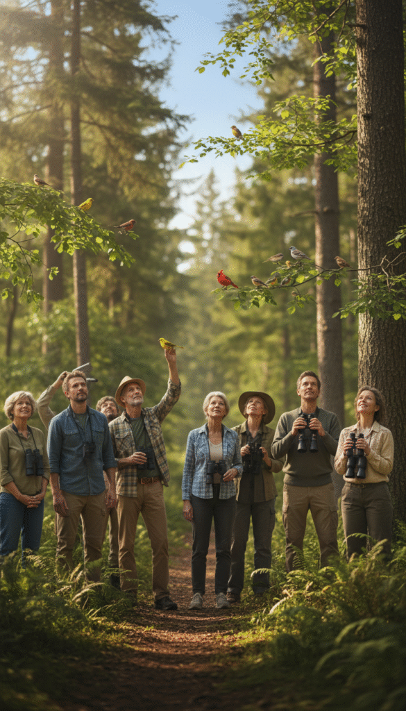 A serene outdoor scene depicting a lush green forest with sunlight filtering through the leaves, casting gentle dappled shadows on the ground. In the foreground, a diverse group of people in modest casual clothing, including men and women of different ages, are engaged in birdwatching, their expressions reflective and peaceful as they observe colorful birds perched on branches nearby. In the middle ground, various bird species, such as vibrant warblers, <a href=