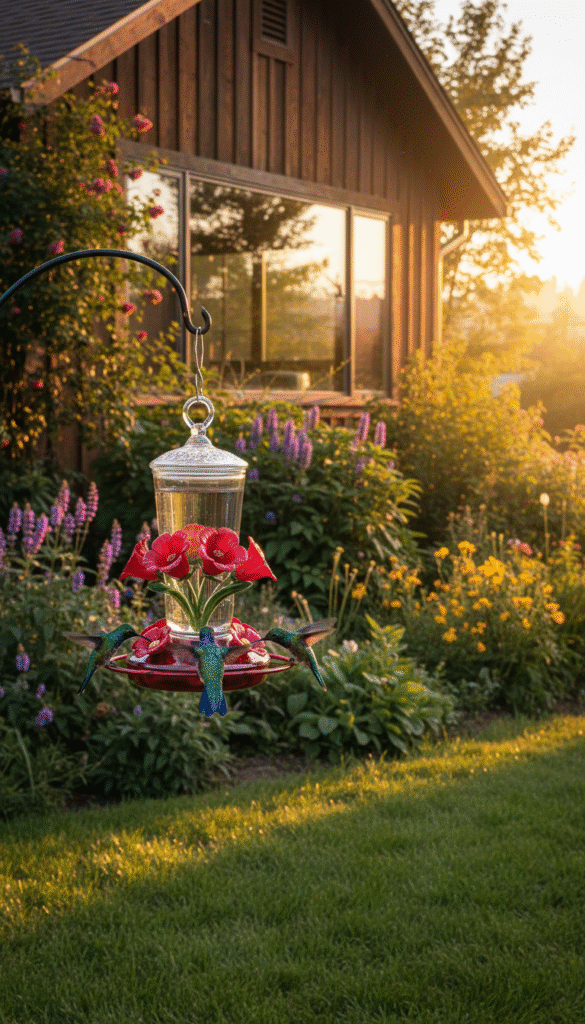 A serene outdoor scene featuring a vibrant hummingbird feeder hanging just outside a sunny window. In the foreground, a crystal-clear glass feeder is adorned with bright red flowers, attracting delicate hummingbirds with iridescent feathers in shades of green and blue. The middle ground includes lush greenery, with flowering plants and soft grass that enhances the natural setting. In the background, a cozy home is visible, with large windows letting in warm sunlight, creating a cheerful ambiance. Capture this moment during golden hour, with soft, warm lighting that casts gentle shadows and highlights the vivid colors. The overall mood is peaceful and inviting, showcasing a perfect spot for attracting beautiful hummingbirds in a serene backyard environment.