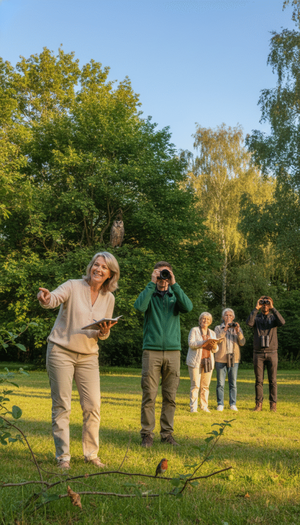 A serene outdoor scene showcasing a diverse group of birdwatchers in a tranquil park setting, eagerly observing birds through binoculars and jotting notes in nature journals. In the foreground, a middle-aged woman in casual, modest attire smiles as she points excitedly at a colorful bird perched nearby. The middle ground features a young man, dressed in comfortable outdoor gear, taking photographs with a professional camera, capturing the moment. The background is filled with lush trees and a clear blue sky. Soft, warm sunlight filters through the leaves, creating dappled patterns on the ground, enhancing the peaceful, joyful atmosphere of the birdwatching experience. The overall mood is one of enthusiasm and camaraderie among nature lovers.