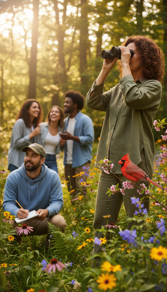 A serene outdoor scene showcasing a diverse group of individuals engaged in gentle birdwatching. In the foreground, a middle-aged woman in modest casual clothing holds binoculars, intently observing a vibrant red cardinal perched on a nearby branch. A few feet away, a young man kneels on the grass, sketching the bird in a notebook. In the middle ground, a small group of friends chats softly, surrounded by an array of blooming wildflowers and lush greenery. The background features a sun-dappled forest with soft, filtering light that creates a warm, inviting atmosphere. The scene is framed with a shallow depth of field to emphasize the participants in their peaceful activity and the beauty of nature, evoking a sense of tranquility and connection with the outdoors. A serene outdoor scene showcasing a diverse group of individuals engaged in gentle birdwatching. In the foreground, a middle-aged woman in modest casual clothing holds binoculars, intently observing a vibrant red cardinal perched on a nearby branch. A few feet away, a young man kneels on the grass, sketching the bird in a notebook. In the middle ground, a small group of friends chats softly, surrounded by an array of blooming wildflowers and lush greenery. The background features a sun-dappled forest with soft, filtering light that creates a warm, inviting atmosphere. The scene is framed with a shallow depth of field to emphasize the participants in their peaceful activity and the beauty of nature, evoking a sense of tranquility and connection with the outdoors.