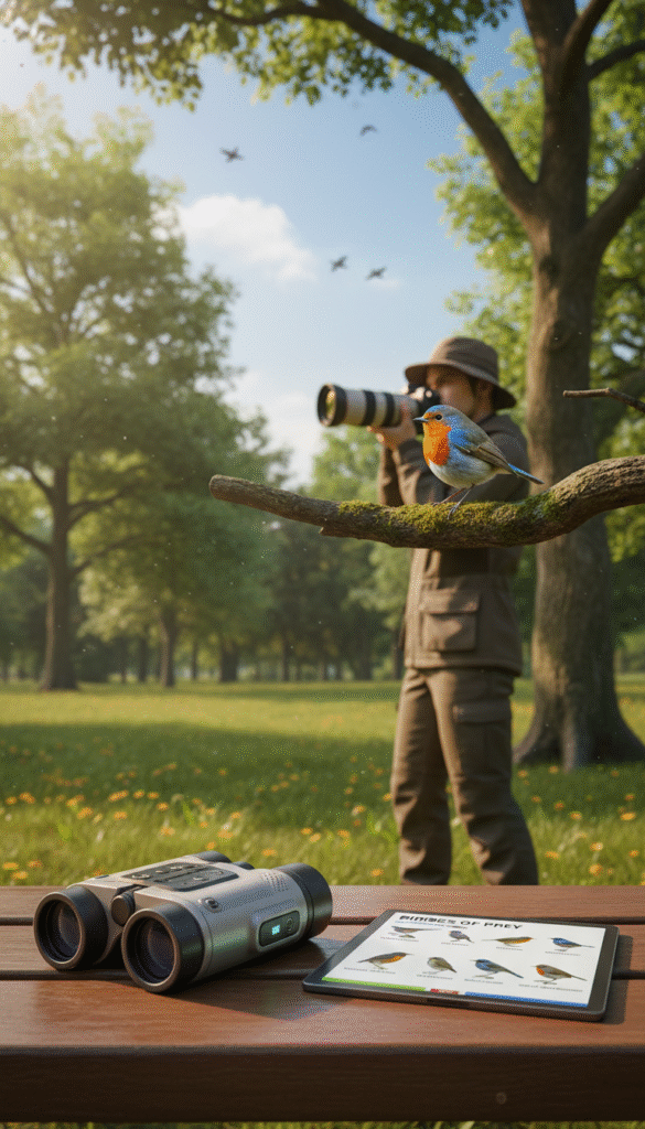 A serene outdoor scene showcasing innovative bird-watching gear in a lush park setting. In the foreground, a high-tech pair of compact binoculars with advanced features glimmers in natural sunlight, alongside a sleek, portable bird identification guide filled with vibrant images. In the middle ground, a stylish, durable camera with a long zoom lens captures a colorful bird perched on a branch. The background features a soft-focus view of trees, birds in flight, and a clear blue sky, emphasizing the tranquility of nature. The lighting is warm and inviting, creating a peaceful atmosphere perfect for bird watching. The composition highlights modern design while evoking a sense of adventure and connection to wildlife. A serene outdoor scene showcasing innovative bird-watching gear in a lush park setting. In the foreground, a high-tech pair of compact binoculars with advanced features glimmers in natural sunlight, alongside a sleek, portable bird identification guide filled with vibrant images. In the middle ground, a stylish, durable camera with a long zoom lens captures a colorful bird perched on a branch. The background features a soft-focus view of trees, birds in flight, and a clear blue sky, emphasizing the tranquility of nature. The lighting is warm and inviting, creating a peaceful atmosphere perfect for bird watching. The composition highlights modern design while evoking a sense of adventure and connection to wildlife.