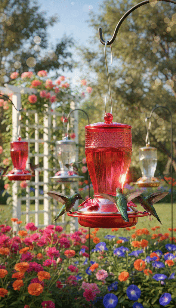 A serene outdoor setting showcasing several hummingbird feeders expertly placed in a lush garden. The foreground features a vibrant red feeder, with hummingbirds flitting around it, their iridescent feathers catching the sunlight. In the middle ground, colorful flowers bloom alongside, attracting more birds, while a well-maintained trellis adds visual interest. The background shows gently swaying trees under a clear blue sky, with soft, dappled sunlight filtering through the leaves, creating a warm and inviting atmosphere. The scene captures the joy and benefits of thoughtfully placed feeders, emphasizing a harmonious relationship between nature and human care. The image is shot with a shallow depth of field, highlighting the feeders and birds, with a soft bokeh effect on the surroundings to enhance focus on the subject.