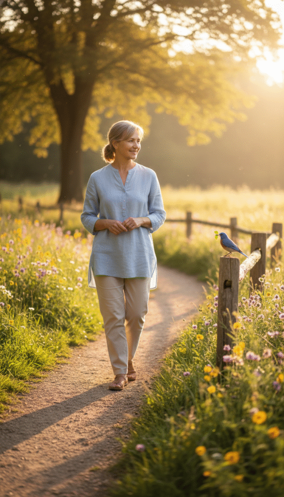 A serene park path at dawn, where a middle-aged woman in modest casual clothing walks peacefully, embodying the concept of faith in her stride. In the foreground, she gently observes a vibrant bluebird perched on a nearby fence, symbolizing hope and connection to nature. The middle ground showcases blooming wildflowers and lush greenery that frame the path, inviting a sense of tranquility. The background features soft, golden morning light filtering through tall trees, casting gentle shadows across the path. The atmosphere is calm and reflective, encouraging viewers to embrace everyday moments. Use a shallow depth of field to emphasize the woman and the bird, ensuring the surrounding elements remain softly blurred. Aim for a warm, uplifting color palette to convey a sense of peace and contentment. A serene park path at dawn, where a middle-aged woman in modest casual clothing walks peacefully, embodying the concept of faith in her stride. In the foreground, she gently observes a vibrant bluebird perched on a nearby fence, symbolizing hope and connection to nature. The middle ground showcases blooming wildflowers and lush greenery that frame the path, inviting a sense of tranquility. The background features soft, golden morning light filtering through tall trees, casting gentle shadows across the path. The atmosphere is calm and reflective, encouraging viewers to embrace everyday moments. Use a shallow depth of field to emphasize the woman and the bird, ensuring the surrounding elements remain softly blurred. Aim for a warm, uplifting color palette to convey a sense of peace and contentment.