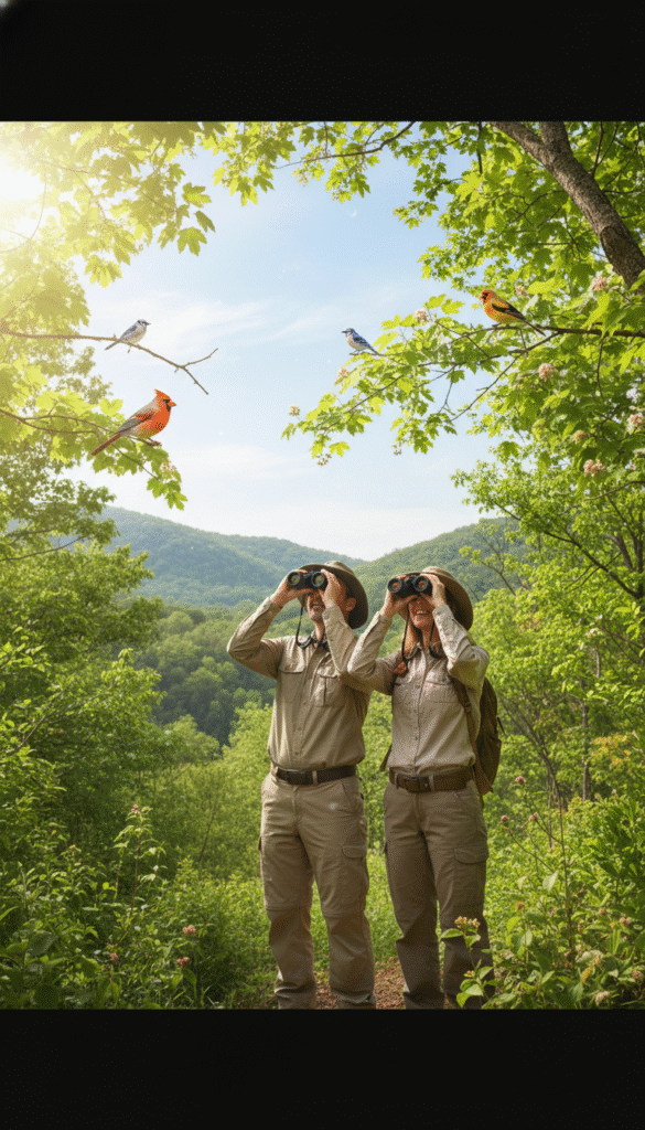A serene scene depicting a bird-watching adventure in a lush, sun-dappled forest. In the foreground, a couple of enthusiastic bird watchers, dressed in comfortable, modest casual clothing, are intently observing birds through binoculars, their expressions filled with wonder and joy. In the middle ground, vibrant songbirds perch on branches, displaying vivid colors against a backdrop of verdant foliage. The sunlight filters through the leaves, casting gentle rays and creating a warm, inviting atmosphere. In the background, soft hills fade into a clear blue sky, adding depth to the scene. The overall mood is tranquil and uplifting, reflecting a deep connection to nature and the spiritual messages conveyed through the beauty of birds. A serene scene depicting a bird-watching adventure in a lush, sun-dappled forest. In the foreground, a couple of enthusiastic bird watchers, dressed in comfortable, modest casual clothing, are intently observing birds through binoculars, their expressions filled with wonder and joy. In the middle ground, vibrant songbirds perch on branches, displaying vivid colors against a backdrop of verdant foliage. The sunlight filters through the leaves, casting gentle rays and creating a warm, inviting atmosphere. In the background, soft hills fade into a clear blue sky, adding depth to the scene. The overall mood is tranquil and uplifting, reflecting a deep connection to nature and the spiritual messages conveyed through the beauty of birds.