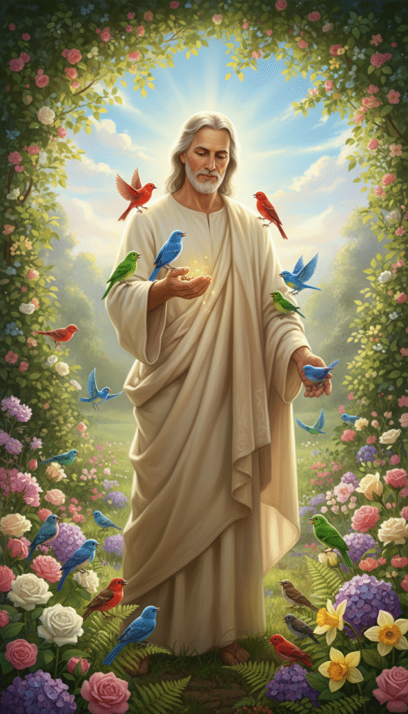 A serene scene depicting a divine figure representing the Heavenly Father, gently feeding colorful birds in a lush, sunlit garden. In the foreground, the figure, clothed in a soft, flowing robe, holds a handful of seeds, with small, vibrant birds like sparrows and finches joyfully gathering around. In the middle ground, blossoming flowers and verdant foliage frame the scene, creating a sense of abundance and tranquility. The background features a glowing blue sky with wispy white clouds, enhancing the heavenly atmosphere. Use soft, warm lighting to create a peaceful aura, capturing the essence of divine provision and nurturing love. The overall mood should evoke feelings of serenity, connection, and grace, inviting viewers to reflect on the beauty of nature and spiritual sustenance. A serene scene depicting a divine figure representing the Heavenly Father, gently feeding colorful birds in a lush, sunlit garden. In the foreground, the figure, clothed in a soft, flowing robe, holds a handful of seeds, with small, vibrant birds like sparrows and finches joyfully gathering around. In the middle ground, blossoming flowers and verdant foliage frame the scene, creating a sense of abundance and tranquility. The background features a glowing blue sky with wispy white clouds, enhancing the heavenly atmosphere. Use soft, warm lighting to create a peaceful aura, capturing the essence of divine provision and nurturing love. The overall mood should evoke feelings of serenity, connection, and grace, inviting viewers to reflect on the beauty of nature and spiritual sustenance.