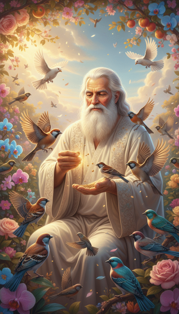 A serene scene depicting a divine figure, resembling a heavenly father, gently feeding a flock of vibrant, colorful birds in a lush, sun-drenched garden. In the foreground, the father figure, dressed in flowing white robes with a warm, loving expression, extends his hand with seeds, surrounded by various birds like sparrows, doves, and finches, flitting around him in joyous flight. In the middle ground, blooming flowers and blossoming trees create a sense of abundance and life, while the background reveals a tranquil blue sky with soft, glowing clouds. The lighting is golden and gentle, suggesting a sense of peace and divine warmth. The overall atmosphere feels uplifting and nurturing, embodying trust and faith in God's provision. A serene scene depicting a divine figure, resembling a heavenly father, gently feeding a flock of vibrant, colorful birds in a lush, sun-drenched garden. In the foreground, the father figure, dressed in flowing white robes with a warm, loving expression, extends his hand with seeds, surrounded by various birds like sparrows, doves, and finches, flitting around him in joyous flight. In the middle ground, blooming flowers and blossoming trees create a sense of abundance and life, while the background reveals a tranquil blue sky with soft, glowing clouds. The lighting is golden and gentle, suggesting a sense of peace and divine warmth. The overall atmosphere feels uplifting and nurturing, embodying trust and faith in God's provision.