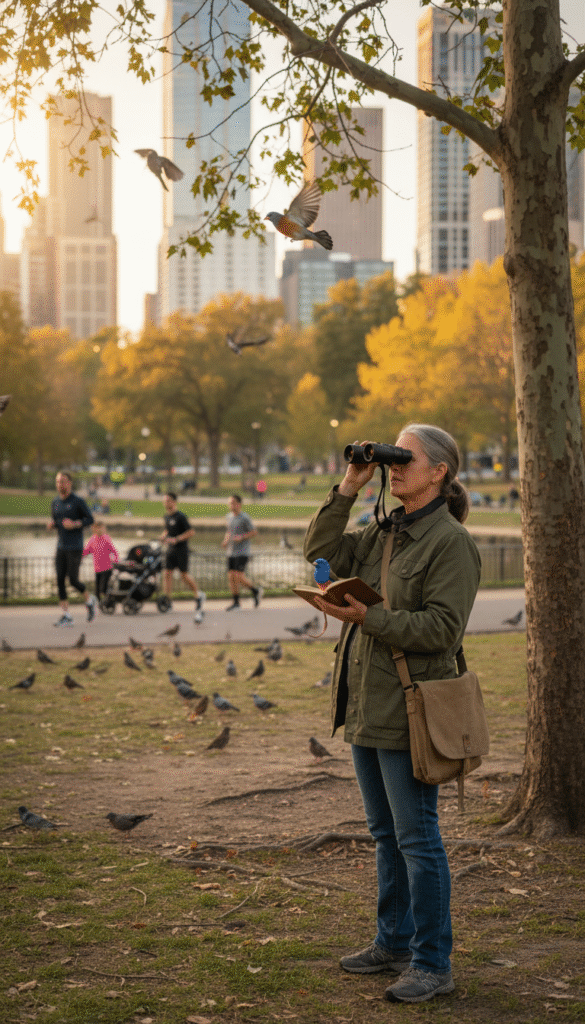 A serene scene depicting a passionate bird lover in a busy urban environment, juxtaposing nature and adulthood. In the foreground, a middle-aged adult wearing modest casual clothing, intently observing a colorful bird perched nearby on a branch, holding binoculars in one hand and a notebook in the other, capturing notes. In the middle ground, a vibrant park filled with trees and various bird species flitting around, evidence of everyday life such as joggers and families in the background, showcasing a contrasting cityscape with tall buildings. Soft, golden hour lighting enhances the warmth and tranquility, with a shallow depth of field focusing on the subject while softening the bustling background. The mood is a blend of nostalgia and determination, reflecting the struggle to enjoy birdwatching amidst adult responsibilities. A serene scene depicting a passionate bird lover in a busy urban environment, juxtaposing nature and adulthood. In the foreground, a middle-aged adult wearing modest casual clothing, intently observing a colorful bird perched nearby on a branch, holding binoculars in one hand and a notebook in the other, capturing notes. In the middle ground, a vibrant park filled with trees and various bird species flitting around, evidence of everyday life such as joggers and families in the background, showcasing a contrasting cityscape with tall buildings. Soft, golden hour lighting enhances the warmth and tranquility, with a shallow depth of field focusing on the subject while softening the bustling background. The mood is a blend of nostalgia and determination, reflecting the struggle to enjoy birdwatching amidst adult responsibilities.
