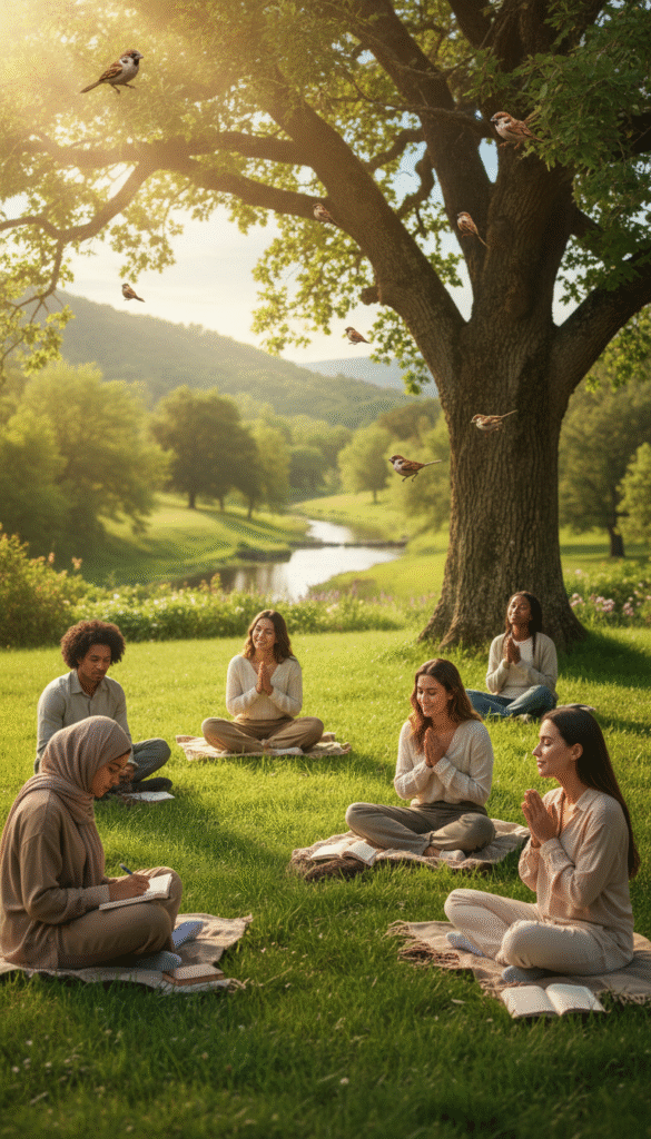 A serene scene depicting daily faith practices overcoming worry. In the foreground, a diverse group of individuals in modest casual clothing sits in a peaceful garden, engaging in activities like journaling, praying, and meditating. In the middle ground, a vibrant tree with sparrows perched on its branches symbolizes God’s watchfulness, while soft rays of sunlight filter through the leaves, creating a warm, inviting glow. The background features rolling hills and a gentle stream, enhancing the sense of tranquility. The overall mood is hopeful and uplifting, illustrating a strong connection to nature and faith. The image should have a soft focus, reminiscent of a warm spring afternoon, evoking a sense of peace and assurance. A serene scene depicting daily faith practices overcoming worry. In the foreground, a diverse group of individuals in modest casual clothing sits in a peaceful garden, engaging in activities like journaling, praying, and meditating. In the middle ground, a vibrant tree with sparrows perched on its branches symbolizes God’s watchfulness, while soft rays of sunlight filter through the leaves, creating a warm, inviting glow. The background features rolling hills and a gentle stream, enhancing the sense of tranquility. The overall mood is hopeful and uplifting, illustrating a strong connection to nature and faith. The image should have a soft focus, reminiscent of a warm spring afternoon, evoking a sense of peace and assurance.