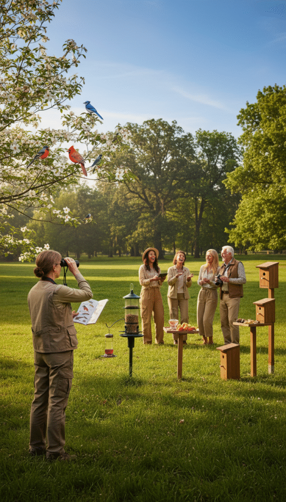 A serene scene depicting the evolution of birding, showcasing a passionate birdwatcher in the foreground, wearing binoculars and a field guide, intently observing colorful birds in natural habitats. In the middle ground, a diverse group of bird enthusiasts of various ages, dressed casually yet stylishly, share their experiences and knowledge, surrounded by an array of bird feeders and nesting boxes. The background features a lush, green park with trees and a clear blue sky, highlighting the harmony of nature. Soft, warm lighting casts gentle shadows, creating a tranquil atmosphere that emphasizes the joy and camaraderie of birding. The lens captures a wide angle, inviting viewers into this vibrant community, embodying the spirit of transitioning from casual to dedicated birding practice.