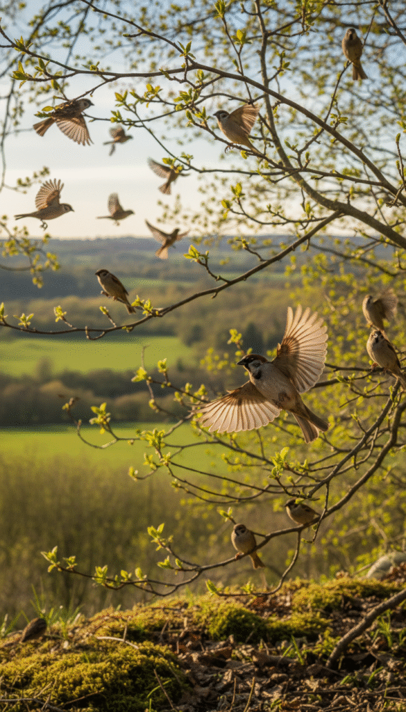 A serene scene featuring a flock of sparrows in flight, gracefully soaring against a soft blue sky. In the foreground, one prominent sparrow glides with wings outstretched, capturing the viewer’s attention. The middle ground reveals more sparrows in various poses, some perched on delicate tree branches, symbolizing community and connection. Gentle sunlight filters through leaves, creating dappled patterns on the ground below, enhancing the warm, tranquil atmosphere. In the background, a blurred landscape softly hints at lush green fields, inviting calmness and reflection. The overall mood is uplifting and peaceful, evoking a sense of divine watchfulness and care, with a focus on nature's beauty and simplicity. The lighting is soft and natural, resembling the golden hour, enhancing the feeling of warmth and serenity. A serene scene featuring a flock of sparrows in flight, gracefully soaring against a soft blue sky. In the foreground, one prominent sparrow glides with wings outstretched, capturing the viewer’s attention. The middle ground reveals more sparrows in various poses, some perched on delicate tree branches, symbolizing community and connection. Gentle sunlight filters through leaves, creating dappled patterns on the ground below, enhancing the warm, tranquil atmosphere. In the background, a blurred landscape softly hints at lush green fields, inviting calmness and reflection. The overall mood is uplifting and peaceful, evoking a sense of divine watchfulness and care, with a focus on nature's beauty and simplicity. The lighting is soft and natural, resembling the golden hour, enhancing the feeling of warmth and serenity.