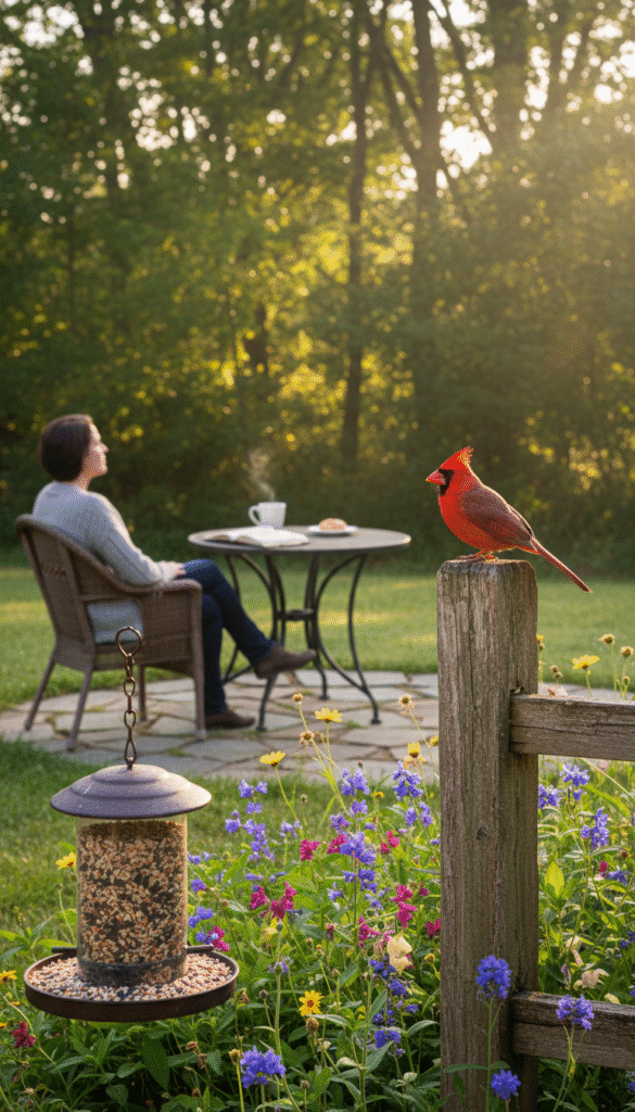 A serene suburban backyard scene in the early morning light, showcasing a vibrant male cardinal perched on a rustic wooden fence. In the foreground, a bird feeder filled with seeds attracts attention, surrounded by lush green plants and colorful wildflowers. The middle ground features a cozy patio with a table set for coffee, where a person dressed in modest casual clothes thoughtfully gazes at the cardinal, a notebook open beside them. The background reveals a soft-focus view of trees with morning dew glistening in the sunlight. The atmosphere is one of peaceful reflection, highlighting the connection between nature and daily life, with warm, inviting light creating a sense of hope and tranquility in the scene.