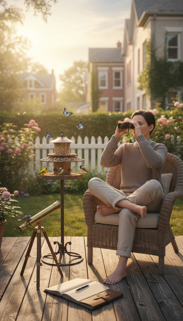 A serene urban backyard during the early morning light, showcasing a cozy setting for birdwatching. In the foreground, a wooden deck is adorned with a small telescope and a birdwatching journal, capturing the essence of daily rituals. A person dressed in modest casual clothing sits peacefully on a cushioned outdoor chair, binoculars in hand, gazing towards a vibrant bird feeder filled with assorted seeds. In the middle ground, colorful birds flit around, such as finches and chickadees, perched on branches and visiting the feeder, while a few butterflies float by. The background features a quaint urban garden with blooming flowers and a white picket fence, bathed in soft golden sunlight, creating a tranquil atmosphere that invites connection with nature and mindfulness. A serene urban backyard during the early morning light, showcasing a cozy setting for birdwatching. In the foreground, a wooden deck is adorned with a small telescope and a birdwatching journal, capturing the essence of daily rituals. A person dressed in modest casual clothing sits peacefully on a cushioned outdoor chair, binoculars in hand, gazing towards a vibrant bird feeder filled with assorted seeds. In the middle ground, colorful birds flit around, such as finches and chickadees, perched on branches and visiting the feeder, while a few butterflies float by. The background features a quaint urban garden with blooming flowers and a white picket fence, bathed in soft golden sunlight, creating a tranquil atmosphere that invites connection with nature and mindfulness.
