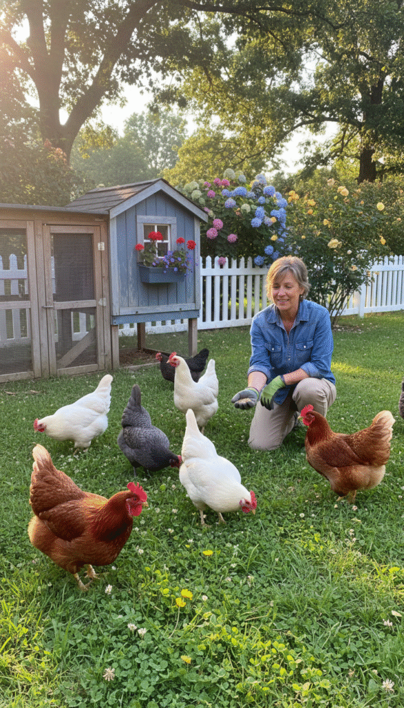 A sunny backyard scene filled with vibrant colors, showcasing a delightful flock of chickens pecking contentedly on lush green grass. In the foreground, a variety of breeds are present, including a fluffy Rhode Island Red and a sleek Leghorn, each with unique feather patterns. To the side, a bird lover dressed in modest casual attire kneels, gently feeding the chickens, with a look of joy and connection. The middle ground features a charming wooden coop adorned with flowers, providing a rustic backdrop. In the background, a white picket fence and flowering shrubs create a picturesque atmosphere. Soft, warm sunlight filters through the trees, casting dappled shadows, enhancing the tranquil and joyful mood of this backyard paradise, highlighting the unique bond between humans and their beloved birds. A sunny backyard scene filled with vibrant colors, showcasing a delightful flock of chickens pecking contentedly on lush green grass. In the foreground, a variety of breeds are present, including a fluffy Rhode Island Red and a sleek Leghorn, each with unique feather patterns. To the side, a bird lover dressed in modest casual attire kneels, gently feeding the chickens, with a look of joy and connection. The middle ground features a charming wooden coop adorned with flowers, providing a rustic backdrop. In the background, a white picket fence and flowering shrubs create a picturesque atmosphere. Soft, warm sunlight filters through the trees, casting dappled shadows, enhancing the tranquil and joyful mood of this backyard paradise, highlighting the unique bond between humans and their beloved birds.