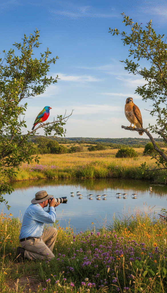 A tranquil Texas landscape showcasing diverse birding destinations. In the foreground, a photographer in modest casual clothing captures images of vibrant birds like the painted bunting and the red-shouldered hawk perched on lush green trees. The middle ground features a serene pond surrounded by colorful wildflowers and tall grasses, where a flock of shorebirds wades by the water’s edge. In the background, rolling hills bathed in warm golden sunlight create a soft, inviting atmosphere. The sky is a brilliant blue with wispy clouds, enhancing the vibrant colors of nature. Capture this scene using a wide-angle lens to emphasize the expansive beauty of Texas’s top birding hotspots. The mood is calm and inspiring, perfect for bird lovers and nature enthusiasts. A tranquil Texas landscape showcasing diverse birding destinations. In the foreground, a photographer in modest casual clothing captures images of vibrant birds like the painted bunting and the red-shouldered hawk perched on lush green trees. The middle ground features a serene pond surrounded by colorful wildflowers and tall grasses, where a flock of shorebirds wades by the water’s edge. In the background, rolling hills bathed in warm golden sunlight create a soft, inviting atmosphere. The sky is a brilliant blue with wispy clouds, enhancing the vibrant colors of nature. Capture this scene using a wide-angle lens to emphasize the expansive beauty of Texas’s top birding hotspots. The mood is calm and inspiring, perfect for bird lovers and nature enthusiasts.