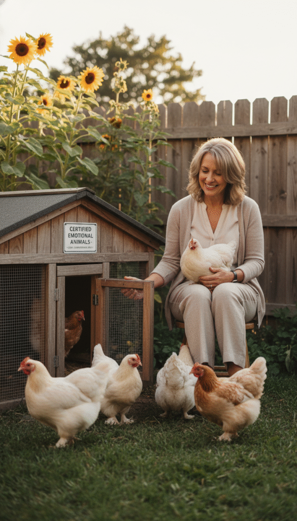 A tranquil backyard scene featuring a cozy chicken coop, where several fluffy, calm emotional support chickens are interacting with a caring individual dressed in professional casual attire. The foreground showcases the colorful chickens pecking at the ground and gently being petted, conveying a sense of comfort and companionship. In the middle, the individual, a middle-aged woman with a warm smile, is sitting on a small wooden stool, engaged with the chickens, highlighting the therapeutic relationship. The background includes a lush garden with sunflowers and a wooden fence bathed in soft, golden late afternoon light, creating an inviting and serene atmosphere. The image captures the essence of harmony between nature and emotional support, emphasizing the legal considerations surrounding these unique therapy animals. A tranquil backyard scene featuring a cozy chicken coop, where several fluffy, calm emotional support chickens are interacting with a caring individual dressed in professional casual attire. The foreground showcases the colorful chickens pecking at the ground and gently being petted, conveying a sense of comfort and companionship. In the middle, the individual, a middle-aged woman with a warm smile, is sitting on a small wooden stool, engaged with the chickens, highlighting the therapeutic relationship. The background includes a lush garden with sunflowers and a wooden fence bathed in soft, golden late afternoon light, creating an inviting and serene atmosphere. The image captures the essence of harmony between nature and emotional support, emphasizing the legal considerations surrounding these unique therapy animals.