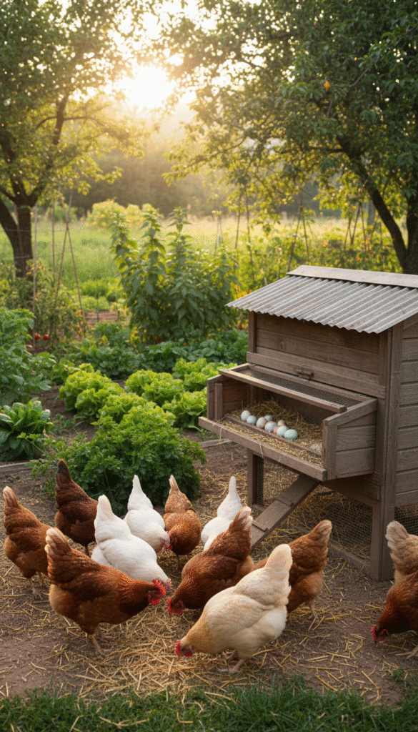 A tranquil backyard scene focused on egg production factors. In the foreground, a group of healthy, colorful chickens pecking at the ground, showcasing different breeds like Rhode Island Reds, Leghorns, and Orpingtons. In the middle ground, a rustic chicken coop with opened nesting boxes filled with freshly laid eggs, indicating laying patterns. The background features a vibrant garden with various vegetables and herbs, symbolizing diet influence on egg quality. The lighting is warm and soft, suggesting early morning sunlight filtering through the trees. The overall atmosphere is serene and informative, evoking a sense of connection to nature and sustainable practices. The image is taken from a slightly elevated angle to capture the entire scene vividly, emphasizing both the chickens and their environment.