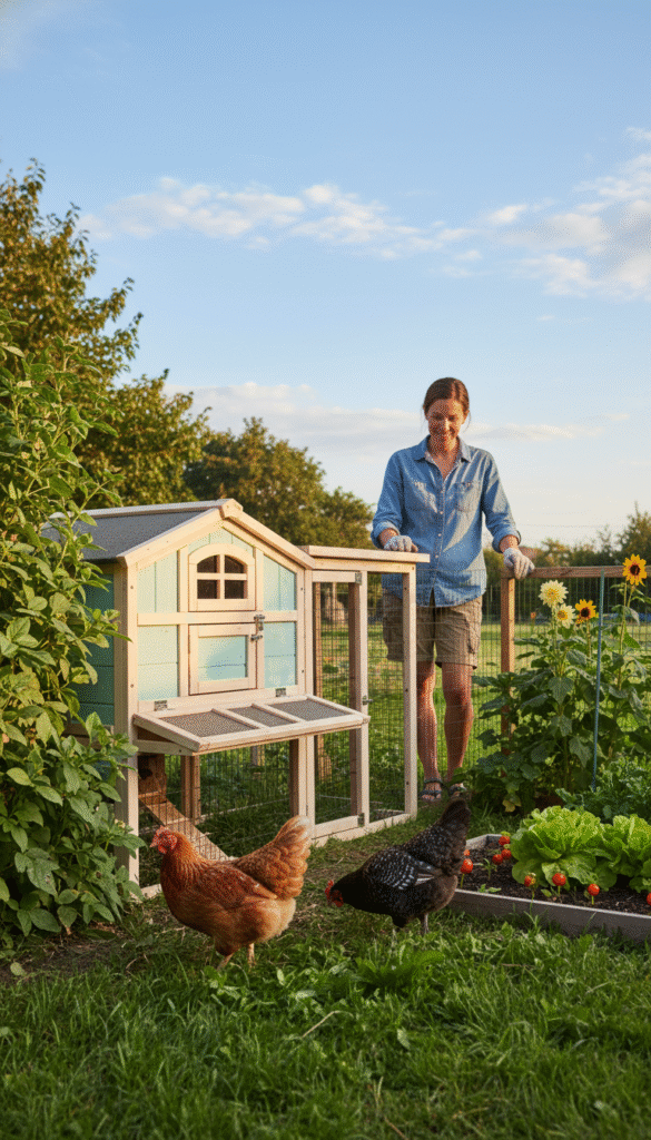 A tranquil backyard scene showcasing a vibrant and inviting environment for novice chicken keepers. In the foreground, a carefully constructed chicken coop with a wooden structure, painted in soft pastels, surrounded by lush greenery. A couple of well-groomed chickens peck at the ground, their feathers a mix of warm browns, whites, and blacks, illustrating the variety of breeds perfect for backyard raising. In the middle ground, a novice chicken keeper, dressed in casual but modest attire, observes her flock with a look of joy and curiosity. The background features a simple garden with colorful flowers and a small vegetable patch, under a bright blue sky with soft, fluffy clouds. The scene is bathed in warm, natural sunlight, creating a peaceful, encouraging atmosphere for beginners in chicken farming.