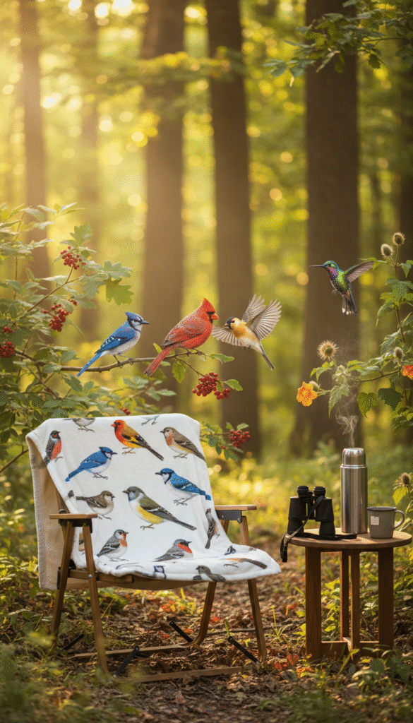 A tranquil birdwatching scene set in a lush, sun-dappled forest clearing. In the foreground, a cozy setup features a comfortable folding chair and a soft blanket adorned with bird patterns, inviting relaxation. A pair of binoculars rests on the side table, alongside a steaming thermos of tea. The middle ground showcases diverse birds flitting between vibrant green branches, their colors vivid against the natural backdrop. The background features soft, blurred tree trunks and dappled sunlight filtering through the leaves, creating a warm glow. The atmosphere is peaceful, evoking a sense of joy and connection with nature. Capture this serene moment using soft, natural lighting, with a gentle focus to emphasize the comfort and beauty of the birdwatching experience.