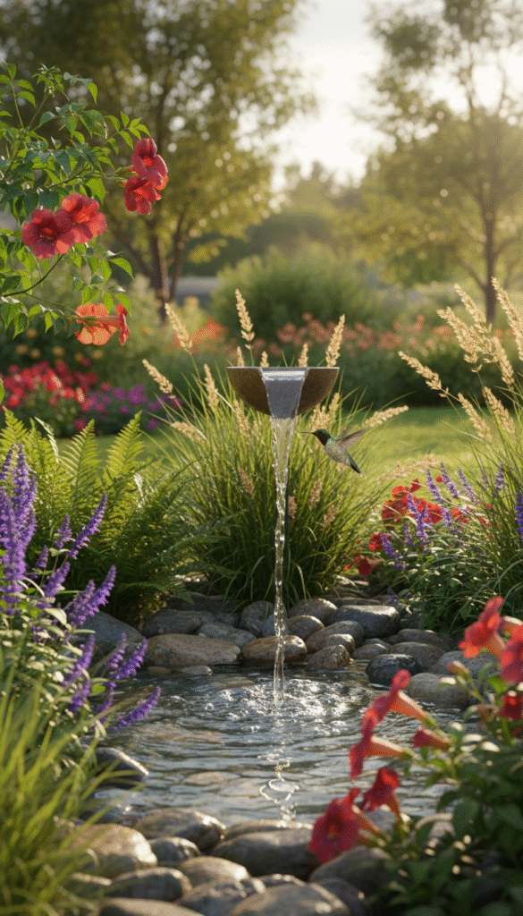 A tranquil garden scene featuring a beautifully designed hummingbird water feature at the center. In the foreground, clear, sparkling water cascades gently over smooth pebbles, surrounded by vibrant flowers, such as trumpet vines and salvias in shades of red and purple. A delicate hummingbird hovers near the water, its iridescent feathers catching the light. In the middle ground, lush green ferns and ornamental grasses frame the scene, creating a sense of depth. The background showcases a softly blurred, sunlit garden filled with trees and additional flora, enhancing the serene atmosphere. The lighting is warm and inviting, reminiscent of a golden afternoon, and the angle is slightly elevated, showcasing the beauty of the water feature while maintaining a peaceful, inviting mood. A tranquil garden scene featuring a beautifully designed hummingbird water feature at the center. In the foreground, clear, sparkling water cascades gently over smooth pebbles, surrounded by vibrant flowers, such as trumpet vines and salvias in shades of red and purple. A delicate hummingbird hovers near the water, its iridescent feathers catching the light. In the middle ground, lush green ferns and ornamental grasses frame the scene, creating a sense of depth. The background showcases a softly blurred, sunlit garden filled with trees and additional flora, enhancing the serene atmosphere. The lighting is warm and inviting, reminiscent of a golden afternoon, and the angle is slightly elevated, showcasing the beauty of the water feature while maintaining a peaceful, inviting mood.