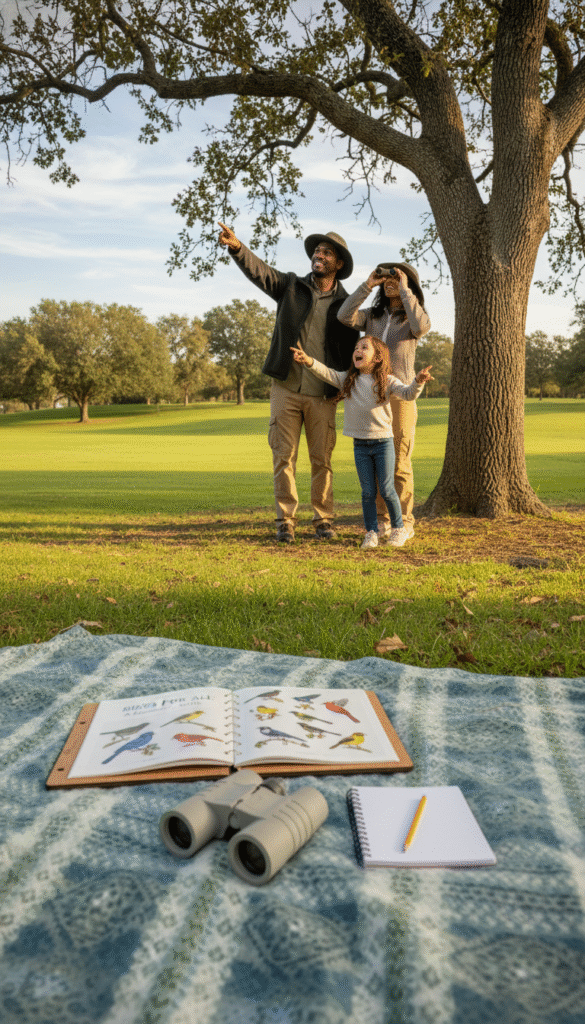 A tranquil outdoor scene showcasing accessible birdwatching beginner tools. In the foreground, a lightweight binocular set rests on a picnic blanket, framed by a wooden birdwatching guidebook and a simple notepad alongside a pencil. In the middle ground, a family of three, casually dressed in comfortable, modest clothing, is engaged in birdwatching, pointing towards a nearby tree filled with colorful birds. Their joyful expressions convey fascination and peace. The background features a lush, green park with gentle rolling hills and scattered trees under a soft blue sky, illuminated by warm, natural sunlight. The angle is slightly elevated, providing a clear view of the family and the surrounding nature, creating an atmosphere of tranquility and connection to wildlife. A tranquil outdoor scene showcasing accessible birdwatching beginner tools. In the foreground, a lightweight binocular set rests on a picnic blanket, framed by a wooden birdwatching guidebook and a simple notepad alongside a pencil. In the middle ground, a family of three, casually dressed in comfortable, modest clothing, is engaged in birdwatching, pointing towards a nearby tree filled with colorful birds. Their joyful expressions convey fascination and peace. The background features a lush, green park with gentle rolling hills and scattered trees under a soft blue sky, illuminated by warm, natural sunlight. The angle is slightly elevated, providing a clear view of the family and the surrounding nature, creating an atmosphere of tranquility and connection to wildlife.