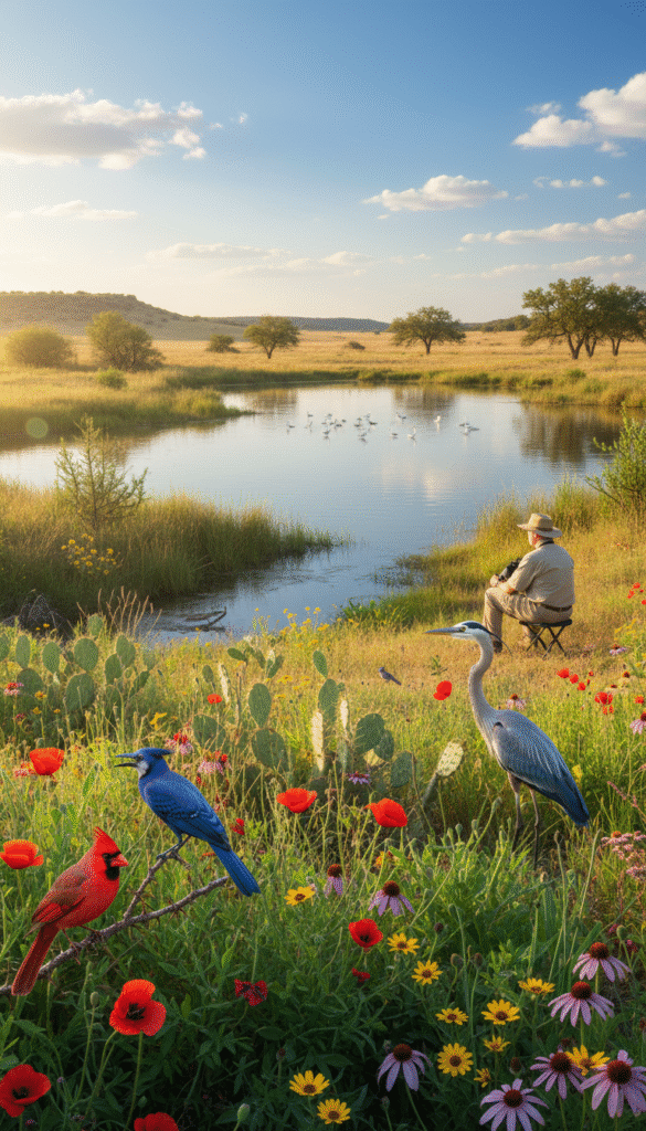 A vibrant and dynamic landscape depicting diverse Texas birding habitats. In the foreground, a variety of birds such as <a href=