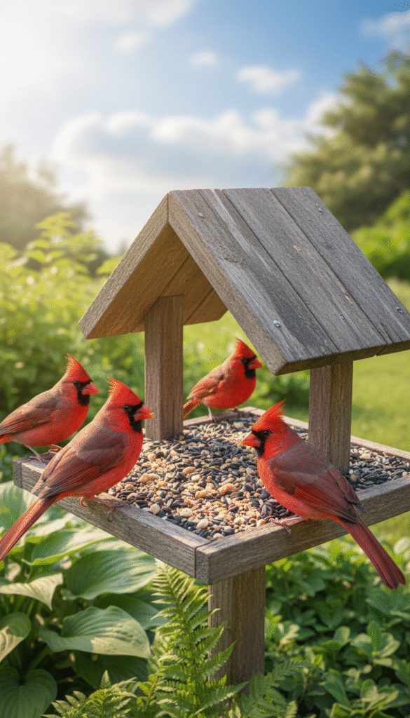 A vibrant array of seeds and nuts specially chosen to attract cardinals, artfully displayed in a garden setting. In the foreground, showcase a rustic wooden feeder overflowing with sunflower seeds, safflower seeds, and small peanut pieces. In the middle ground, capture a few bright red cardinals perched on the feeder, showcasing their vivid plumage, amidst lush green foliage. The background should feature a sunny, blue sky with soft, fluffy clouds, enhancing the cheerful atmosphere. Utilize natural daylight to create warm, inviting lighting, with slight bokeh effect to soften the edges. The mood is tranquil and inviting, emphasizing the beauty of nature and the joy of birdwatching.