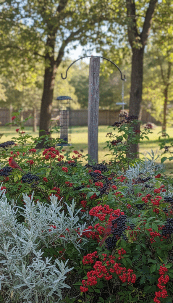 A vibrant backyard scene in Tyler, Texas, showcasing native shrubs that attract cardinals. In the foreground, a lush cluster of native plants like Texas sage, elderberry, and coralberry, their berries ripe and vibrant in shades of red and purple, providing food for birds. In the middle ground, a sturdy, elegantly bent wire-fenced bird feeder hangs from a rustic wooden post. The background features a few tall, leafy trees, their branches gently swaying in a warm breeze, dappled sunlight filtering through the leaves, creating a cheerful and inviting atmosphere. The image is bathed in soft, natural light, capturing the tranquil feel of a sunny day, with a focus on the colorful foliage and energetic songbirds flitting among the shrubs.