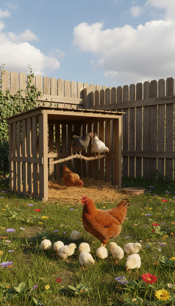 A vibrant backyard scene showcasing a variety of chickens, including adorable chicks and mature pullets, in a natural setting. In the foreground, a mother hen gently oversees her fluffy yellow chicks pecking at the ground, surrounded by freshly cut grass and small patches of colorful wildflowers. In the middle ground, several pullets of diverse breeds explore a cozy, makeshift coop adorned with wooden perches and straw bedding. The background features a rustic wooden fence and a bright blue sky with fluffy white clouds, creating an inviting atmosphere. Soft, warm sunlight illuminates the scene, casting gentle shadows to enhance depth. The composition evokes a sense of homeliness and care, reflecting the joy of raising chickens in a backyard environment.