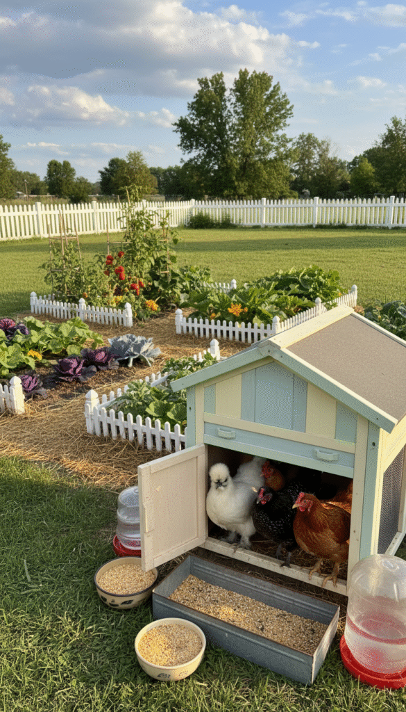 A vibrant backyard scene showcasing essential items for a small chicken flock. In the foreground, a rustic wooden chicken coop, painted in soft pastel colors, with a small door ajar, revealing curious chickens peeking out. Scatter a variety of feed containers and a waterer on the ground nearby. In the middle ground, a neatly arranged vegetable garden with small fences, and a colorful array of heirloom plants, creating a lively environment. In the background, a lush green lawn extends towards a white picket fence under a bright blue sky with fluffy clouds. Soft, warm sunlight bathes the scene, enhancing the inviting, joyful atmosphere. The angle should provide an engaging view, highlighting the coziness of a backyard flock while imparting a sense of connection to nature. A vibrant backyard scene showcasing essential items for a small chicken flock. In the foreground, a rustic wooden chicken coop, painted in soft pastel colors, with a small door ajar, revealing curious chickens peeking out. Scatter a variety of feed containers and a waterer on the ground nearby. In the middle ground, a neatly arranged vegetable garden with small fences, and a colorful array of heirloom plants, creating a lively environment. In the background, a lush green lawn extends towards a white picket fence under a bright blue sky with fluffy clouds. Soft, warm sunlight bathes the scene, enhancing the inviting, joyful atmosphere. The angle should provide an engaging view, highlighting the coziness of a backyard flock while imparting a sense of connection to nature.
